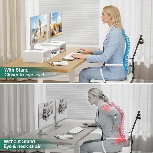 OPNICE Dual Computer Monitor Stand Riser, Desk Organizer with Drawer, Office Desk Accessories & Workspace Organizers for Home Office Supplies, White - Image 6