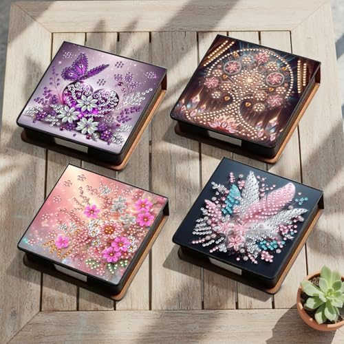 4Pcs Flower PU DIY Diamond Art Painting Sticky Notes Holder (640 Blank Notepads) Cube Note Box Mosaic Craft Set for Office Accessories Desk Office Workplace - Image 3