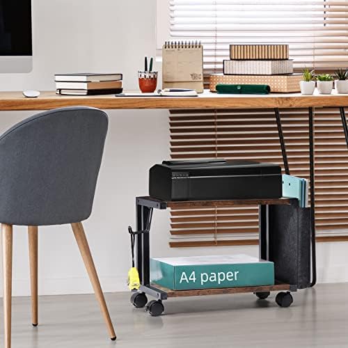 Printer Stand with Storage Bag Under Desk Printer Table on Wheels 2 Tier Small Desktop Rolling Stand Shelf for Fax Machine Scanner Files (Brown) - Image 6