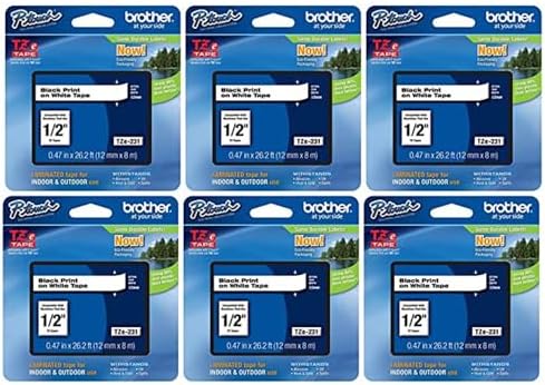 Brother Genuine P-Touch, TZe-231 6 Pack Tape ½” (0.47”) x 26.2 ft. (8m) 6-Pack Laminated P-Touch Tape, Black on White, Perfect for Indoor or Outdoor Use, Water Resistant, TZE2316PKB (TZE231) by Brother