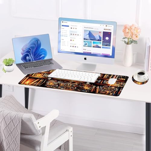 Large Keyboard Mouse Pad Set, Extended Mouse Pad+Keyboard Wrist Rest Support, Memory Foam Ergonomic Easy Typing, 4Pcs (31.5×11.8 in) Desk Pad Set for Office Home,Vintage Bookshelf - Image 3