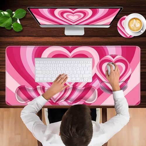 Mouse Pad,Large Pink Desk Mat, 4in1 XXL Mousepad + Keyboard Wrist Rest+Mouse Wrist Rest+Coaster Set with Ergonomic Desk Pad for Home Office Table Computer-Heart Pink - Image 4