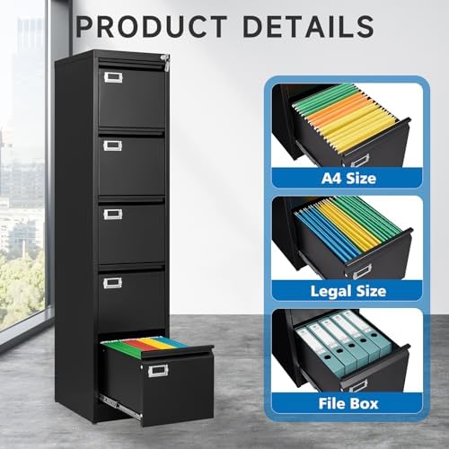 BYNSOE 5 Drawer File Cabinet with Lock Metal Vertical File Cabinet Office Home Vertical File Cabinet for A4 Legal/Letter Size Narrow File Cabinet Locked,Assembly Required - Image 4
