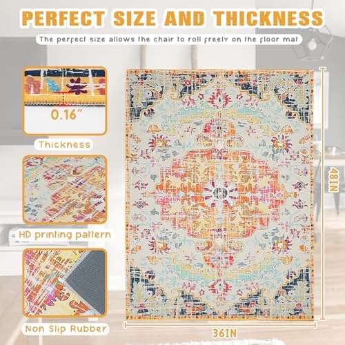 Office Chair Mat for Hardwood Floor 36"X 48" Heavy Duty Desk Chair Rug for Under Gaming Rolling Chairs Computer Decor Protect Mats Low Pile Non-Slip Rubber for Carpet & Tile Floor-Retro Classic Boho - Image 2