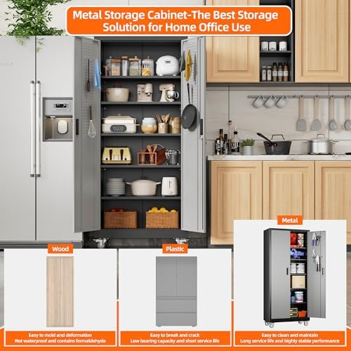 Aobabo Metal Garage Cabinet with Wheels, 34" W x 18" D x 71" H,Gray - Image 5
