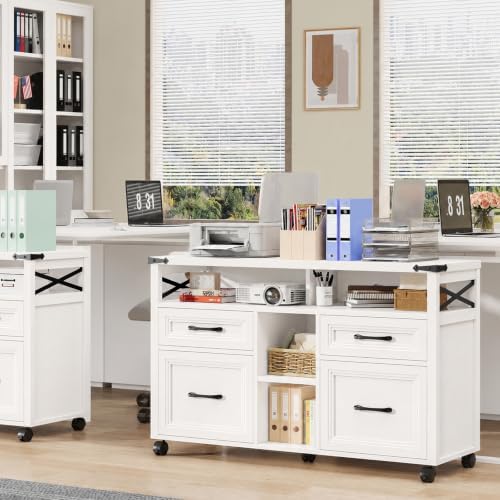 Halitaa Farmhouse Filing Cabinet with Adjustable Shelf & Wheels, White - Image 7