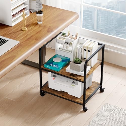 21"x15.8" Large Printer Stand with Storage, 2-Tier Under Desk Printer Table, Rolling Printer Cart with Lockable Wheels for Home, Office (Brown) - Image 2