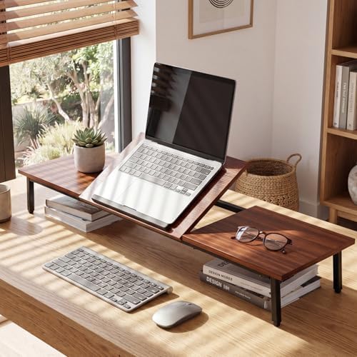 Dual Monitor Stand, 2-in-1 Adjustable Laptop Desk, Large Desktop Computer Monitor Riser For 2 Screens, Monitor Riser, Wood and Steel Multi-Purpose Desktop Storage Stand for Computer, Laptop, Screen, Printer, TV - Image 3