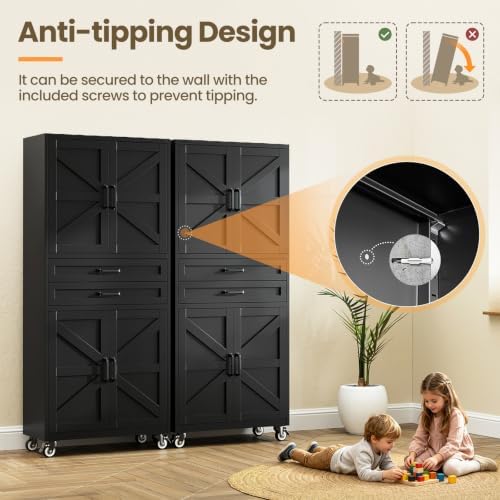 Black Metal Garage Storage Cabinet Rolling Kitchen Storage Pantry Cabinet - Image 7