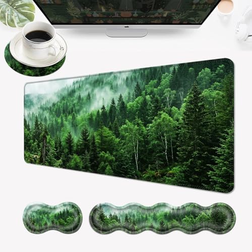 Desk Mat, Mouse Pad with Wrist Rest, 4-in-1 Large Mouse Pads for Desk, Ergonomic Mouse Pad and Keyboard Wrist Rest Gaming Keyboard Mat for Office,Green Tree Forest by EFGWSDER