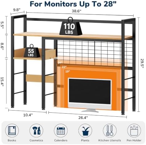Desk Shelf, 38.6" Desk Hutch with Pegboard Hooks Set, Natural - Image 2