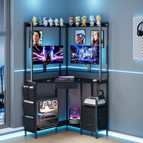 VENNQD Corner Desk with Drawers Shelves, Office Desk with Hutch, Triangle Corner Gaming Computer Desk with Storage Bag, Power Outlets and Hook for Home Office Workstation (Black) - Image 4