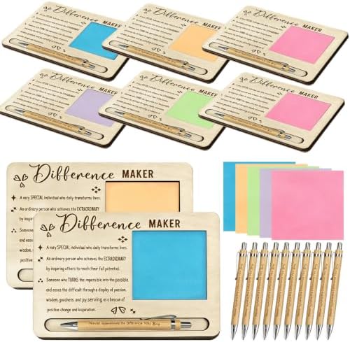 10 Sets Difference Maker Gift Appreciation Gifts Bulk Includes Wooden Sticky Note Holder Sticky Notes Ballpoint Pens Thank You Gifts for Employee Coworkers Teacher (Difference Maker) by woodounai