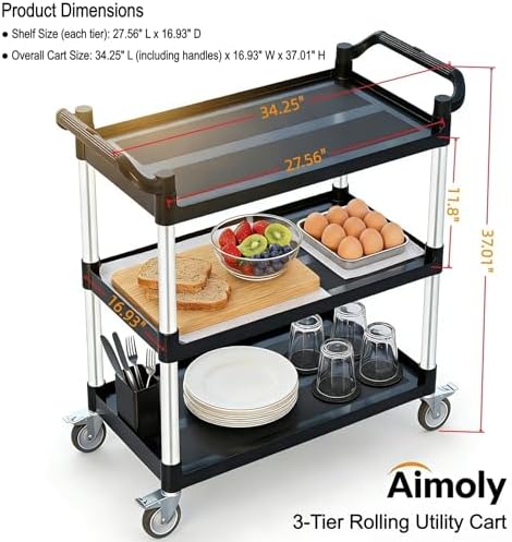 3-Tier Rolling Utility Cart with Wheels, 510 lbs Capacity Service Cart, Commercial Kitchen Cart with 4 Lockable Swivel Casters for Restaurant/Home/Warehouse/Office (34 x 17 x 37 in) - Image 2