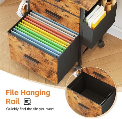 3-Drawer Mobile File Cabinet with 22" Wide Printer Stand, Fabric Filing Cabinet with Side Bag & Headphone Hook, Fits Letter/A4 Size Hanging File Folders, Rolling Home Office Organizer, Rustic Brown - Image 6