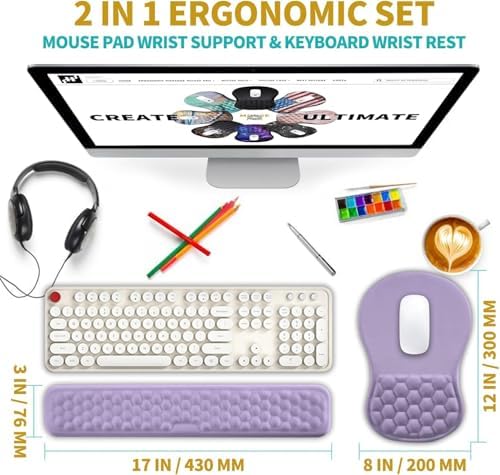 Hokafenle 2 in 1 Ergonomic Mouse Pad Wrist Support & Wrist Rest for Computer Keyboard Set, with Relieve Carpal Tunnel Pain Massage Bulge and Full Memory Gel Design (2In1 Set, Lavender) - Image 2
