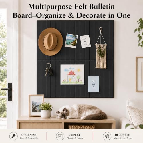 48" x 36" Large Felt Bulletin Board, Bold-Stripe 12-Pack Cork Boards | Fabric Bulletin Board with 60 Adhesive Tabs, 50 Pushpins, Felt Wall Tiles for Office Push Pin Board Felt Board, Black - Image 2