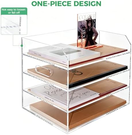 Paper Tray Organizer for Desk, 4 Tier Acrylic Desk Organizers and Accessories, One-Piece Integrated A4 Paper Organizer with Handles, Crystal-Clear Letter Tray & Office File Holder, Books Notes - Image 3