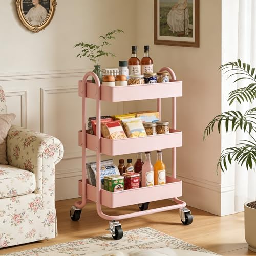 3 Tier Metal Rolling Cart, Utility Storage Cart Shelf Organizer with Wheels for Home & Office, Pink - Image 2