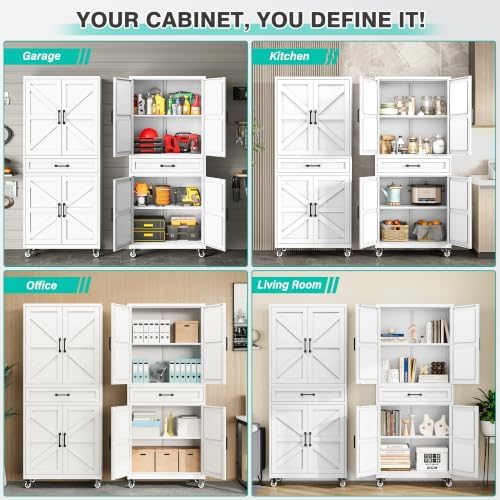 SISESOL Metal Storage Cabinet with Wheels and Drawer,Rolling Garage Cabinet with Doors and Adjustable Shelves,73" Mobile Tall Large Metal Cabinets for Home,Office,Garage,Shop (White) - Image 6
