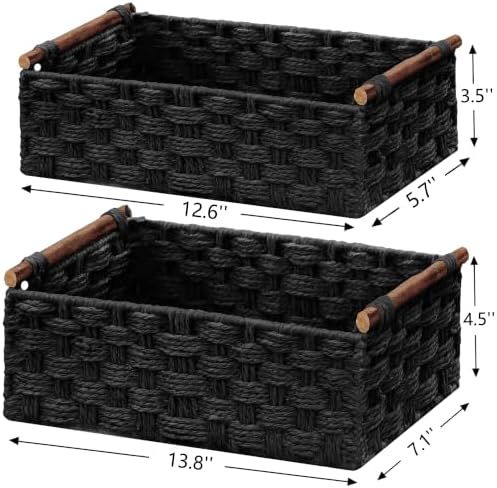 Vagusicc Wicker Storage Basket, Set of 2 Hand-Woven Paper Rope Wicker Basket for Organizing with Handle Decorative Storage Bins for Counter Pantry Shelves Toilet Paper Basket for Toilet Tank Top,Black - Image 3
