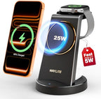 3 in 1 Fast Charging Station for iPhone, 25W Wireless Magnetic Phone Charger for iPhone 17 16e 16 15 14 13 12 Serise, Watch Charger Stand, Wireless Charging Station for AirPods 4 3 Pro, Black by WAYLITEWirelessCharger