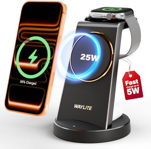 3 in 1 Fast Charging Station for iPhone, 25W Wireless Magnetic Phone Charger for iPhone 17 16e 16 15 14 13 12 Serise, Watch Charger Stand, Wireless Charging Station for AirPods 4 3 Pro, Black by WAYLITEWirelessCharger