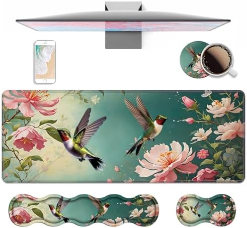 4 in 1 Ergonomic Keyboard Wrist Rest & Mouse Pad Wrist Rest Set, Large XXL Gaming Desk Mat 31.5"x 11.8" with Non-Slip Base, Memory Foam for Home Office Study Gaming, Hummingbird Flowers by Unknown