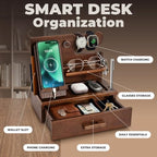 TESLYAR Wood Phone Docking Station with Drawer - Nightstand Organizer - Desk Organizer for Husband - Birthday Gifts for Men, Dad, Anniversary Idea, Key Holder Stand Watch & Accessories (Bourbon Brown) - Image 3