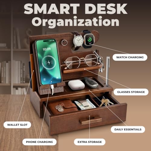TESLYAR Wood Phone Docking Station with Drawer - Nightstand Organizer - Desk Organizer for Husband - Birthday Gifts for Men, Dad, Anniversary Idea, Key Holder Stand Watch & Accessories (Bourbon Brown) - Image 3