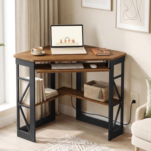 VECELO Corner Desk, Triangle Computer Desk for Small Space with Charging Station and Keyboard Tray, Corner Makeup Table with Storage Shelves for Home Office Bedroom, 41x30, Light Walnut - Image 4