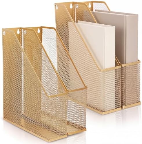 Sliner 4 Pack Gold Metal Magazine Holder Mesh Steel Document Rack 1 Section File Organizer Extra Wide Magazine Folder Storage Desk Tidy for Office Home, 12.6"x 9.8"x 3" by Sliner