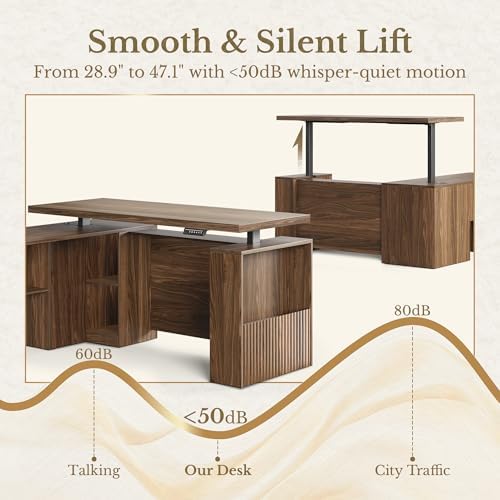 63 Inches L Shaped Standing Desk, Executive Electric Adjustable Desk with Storage Drawers and File Cabinet, AC/USB, 1.18" Thiken Desktop and Privacy Panel for Home Office, Black Walnut - Image 3