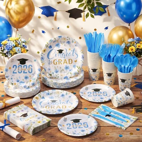 400 Pcs Class of 2026 Light Blue Graduation Decoration Floral for 50 Guests, Flower Blue Gold Graduation Paper Plates Napkins Cups Cutlery Grad Tableware for 2026 Congrats Grad Party Supply - Image 4