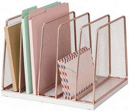 LEKETREE Rose Gold Desk File Organizer, 5-Section Upright File Sorter, Vertical File Folder Holder, Mesh Metal Wood Office Desktop Organization for Document, Magazine, Books and more (Rose Gold) by Stylishworkspaceeffortlessorganization