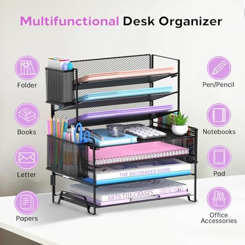 7-Tier Desk Organizer with 3 Pen Holders, Metal Letter Tray, Black - Image 5