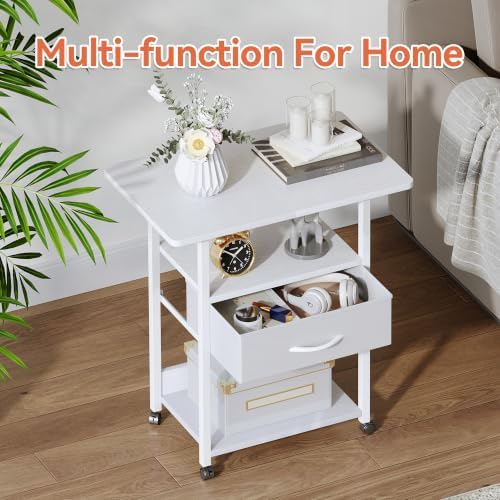 Printer Stand, 3-Tier Printer Table with Fabric Drawer, File Cabinet with Wheels for Home Office Fax Machine Scanner, White - Image 6