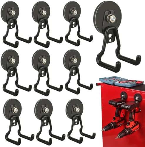 ULIBERMAGNET New Upgraded Large Magnetic Hooks,Strong Heavy Duty Magnet Hooks for Power Drill,Broom,Garden Tools, Pegboard, Garage, Workshop,Hardware, 10 Pack Magnet Storage Holder for Hanging(Black) by ULIBERMAGNET