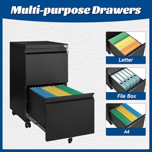 Fesbos 2 Drawers Vertical File Cabinet - Fully Assembled Black Under Desk Mobile Filling Cabinet Small Lockable Home Office File Cabinets for A4/Letter/Legal Size - Image 5