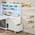DurayLoly 55''White Desk with 3 Drawers & Shelf, LED, Outlet for Bedroom - Image 4