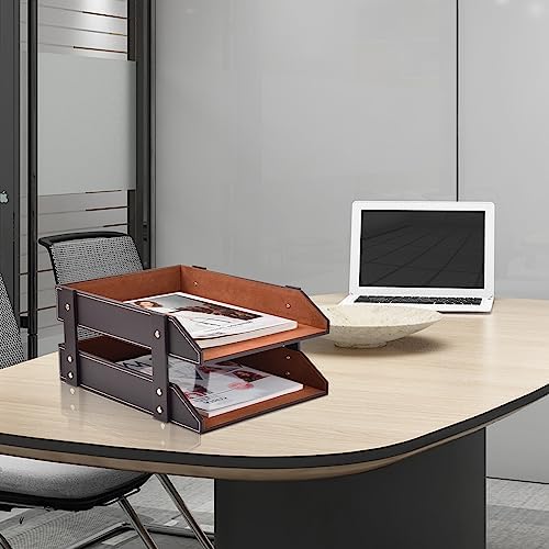 Leather Desk Organizer,2-Tier Stackable Letter Tray Holder,Office Supplies Desktop Storage Box for Document,Stationery,Magazines,Newspapers,Letters and Other Home Office Paper Sundries,Coffee - Image 5