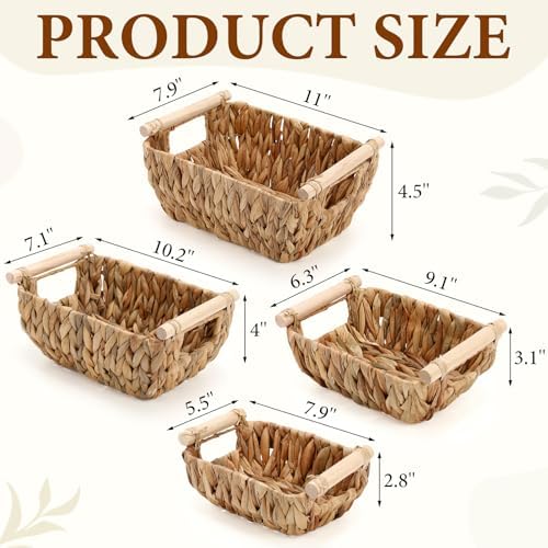 Newtay 4 Pack Wicker Storage Baskets, Hand Woven Basket for Organizing, Water Hyacinth Nesting Shelf Bins with Wooden Handles for Nursery Shelves, Bedroom Decor, Pantry School Office Desk, 4 Size - Image 2