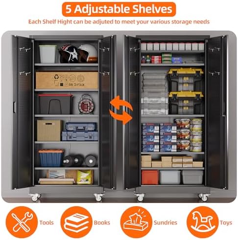 SUXXAN 71" Metal Garage Storage Cabinet with Wheels,Pegboard,Lock,5 Shelves - Image 5