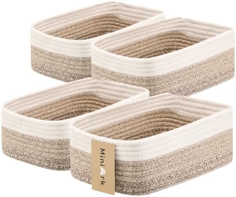 MiniArk Small Storage Baskets for Organizing | Closet Organizer Bins | Shelf Toy Basket | Woven Rope Baskets | Cube Decorative Box | Shallow Basket |11.5x7.5x4.7”| 4 Packs Gradient Brown by MiniArkStorageBasketsHome