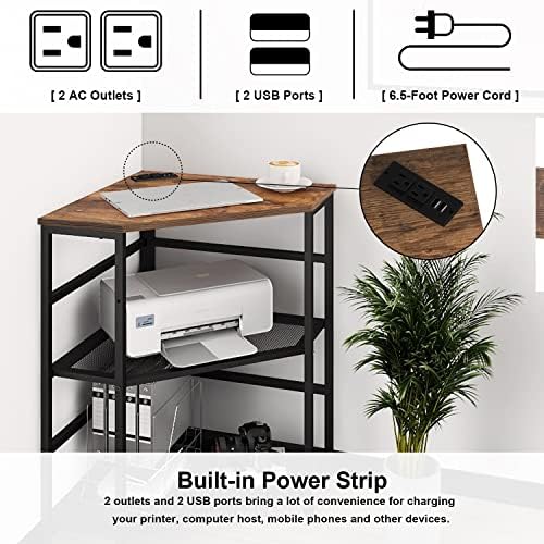 VEDECASA Corner Printer Stand Table with Power Outlet Charging Plugs USB Port Adjustable Storage Shelf Computer Tower CPU Stand Holder for Home Office (Brown) - Image 2