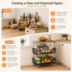 Fruit and Vegetable Storage, 3 Tier Fruit Basket with Wooden Top Table Kitchen Pantry Storage Bins and Organizers, Stackable Metal Rolling Cart for Vegetable Snacks Drinks Onion Potato Organization - Image 6