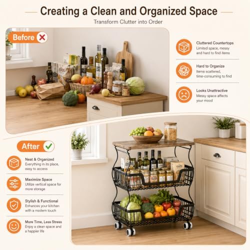 Fruit and Vegetable Storage, 3 Tier Fruit Basket with Wooden Top Table Kitchen Pantry Storage Bins and Organizers, Stackable Metal Rolling Cart for Vegetable Snacks Drinks Onion Potato Organization - Image 6