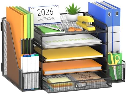 SUPEASY Mesh Desk Organizer with File Holder, 5-Tier Paper Letter Tray Organizer with Magazine Holder, Desktop Organizer and Storage with Drawer for Office Supplies Home or School (Black) by SUPEASY