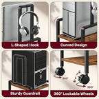 Adjustable 2-Tier PC Stand, Computer Tower Stand with 360° Locking Wheels & Hooks, CPU Cart for Floor, Carpet and Under Desk, 15.2" x 11.8" x 26", Rustic Brown - Image 6