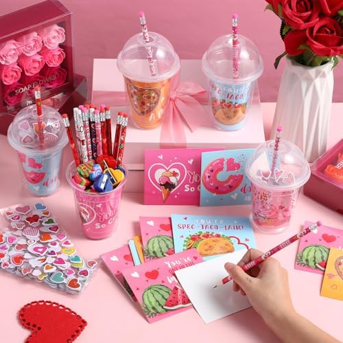 Pasimy 32 Set Valentine's Day Stationery Gift Valentine Classroom Exchange Gifts Include Cups Cards Pencils Stickers Erasers Stampers Sharpeners for Boy and Girl Prize Party Favor(Food) - Image 5